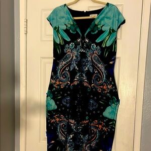 New York & Company Black and Blue Sheath Midi Dress with V-Neck